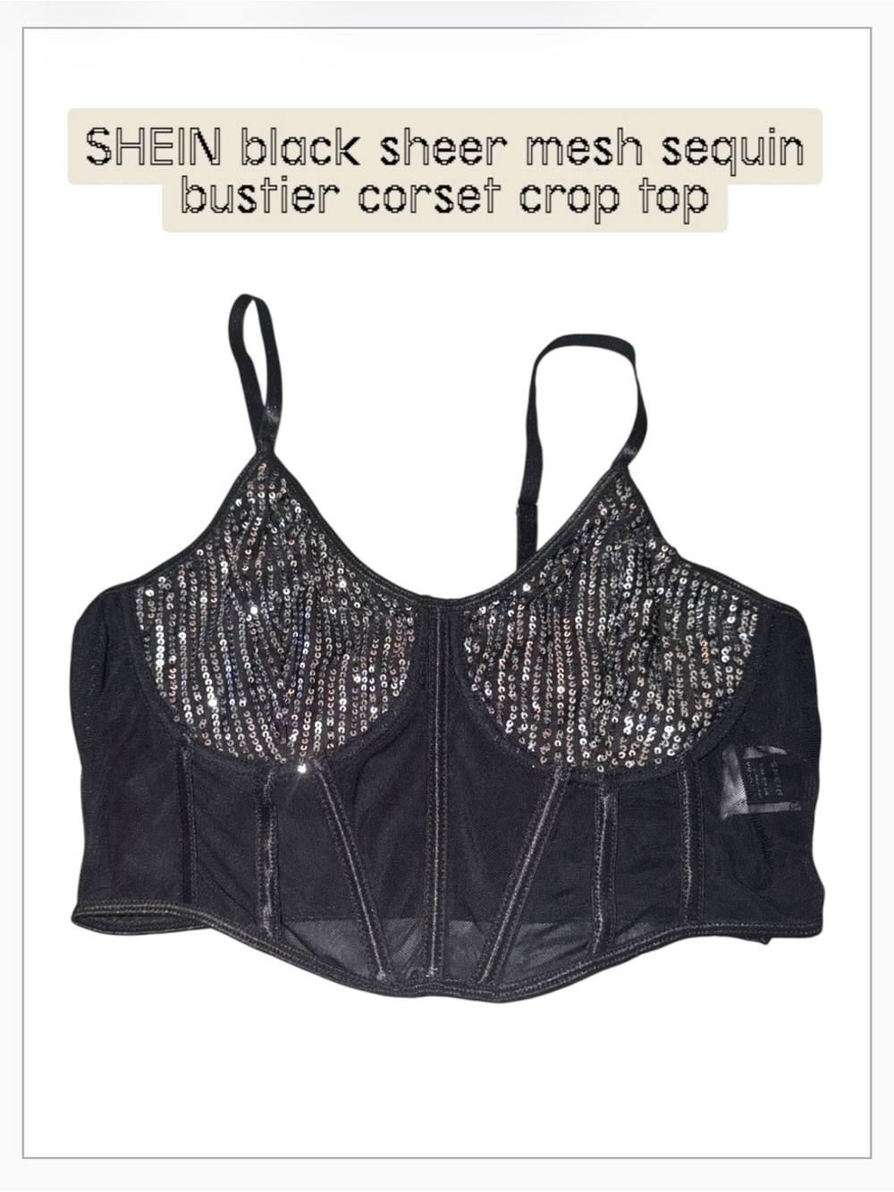 N.W.O.T. SHEIN Black Sequin Bustier Mesh Corset Crop Top